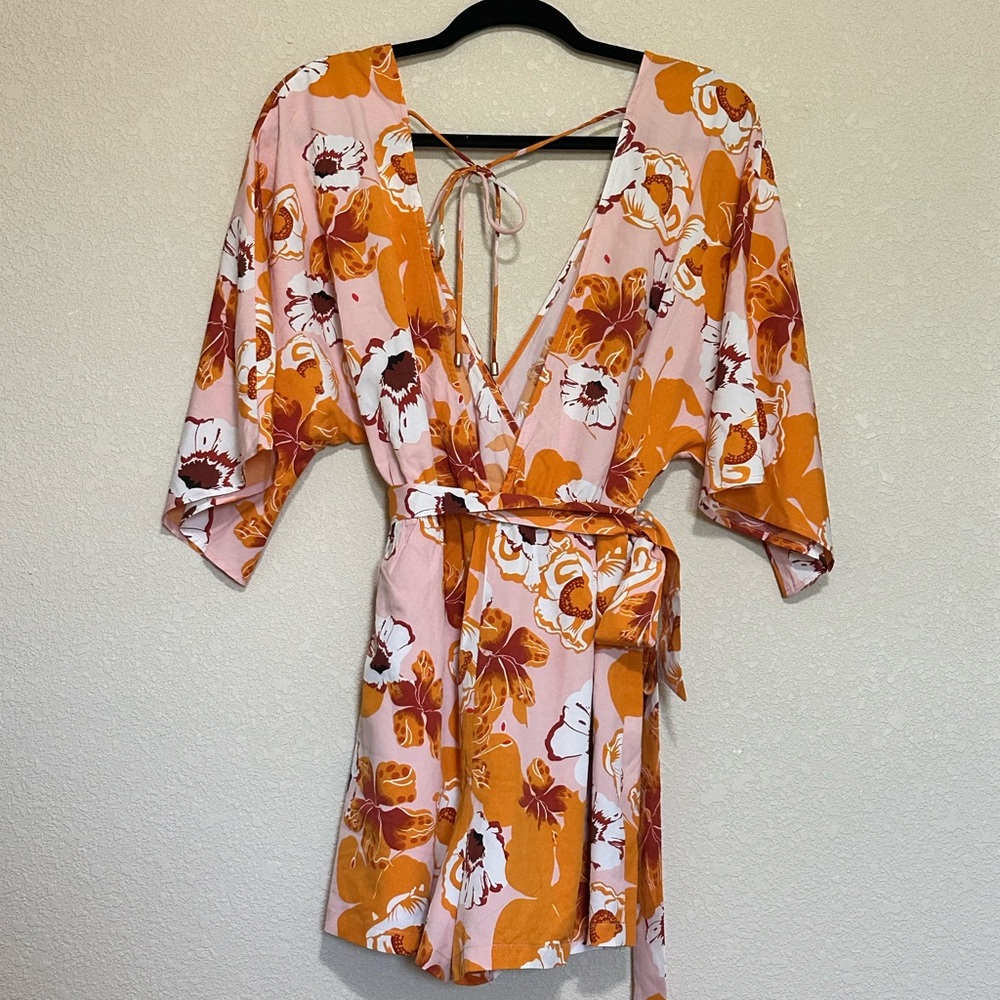 Hello Molly Pink and Orange Floral Romper Wrap Dress - Picture 3 of 11